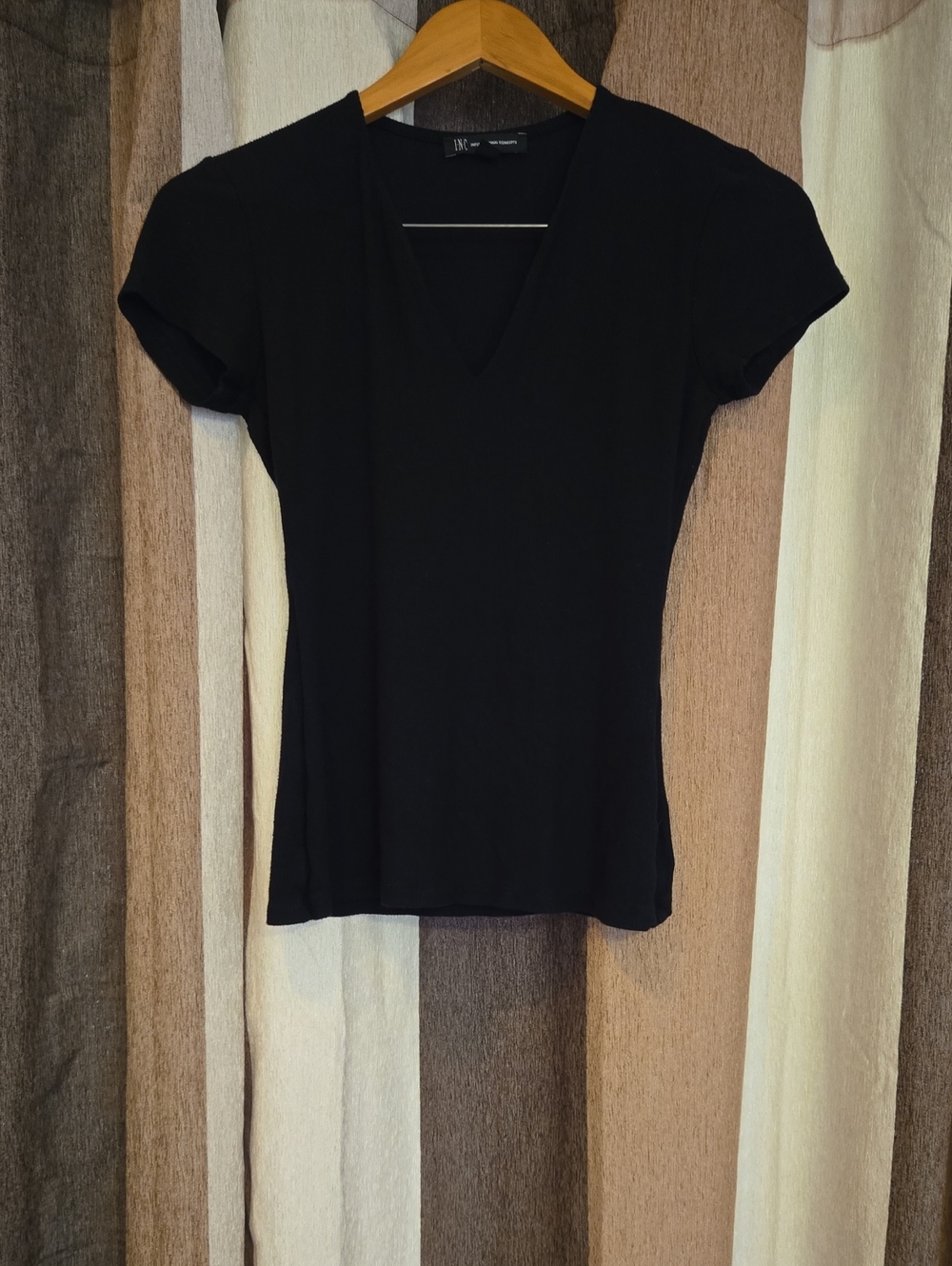 INC International Concepts Black V-Neck Short Sleeve Tee